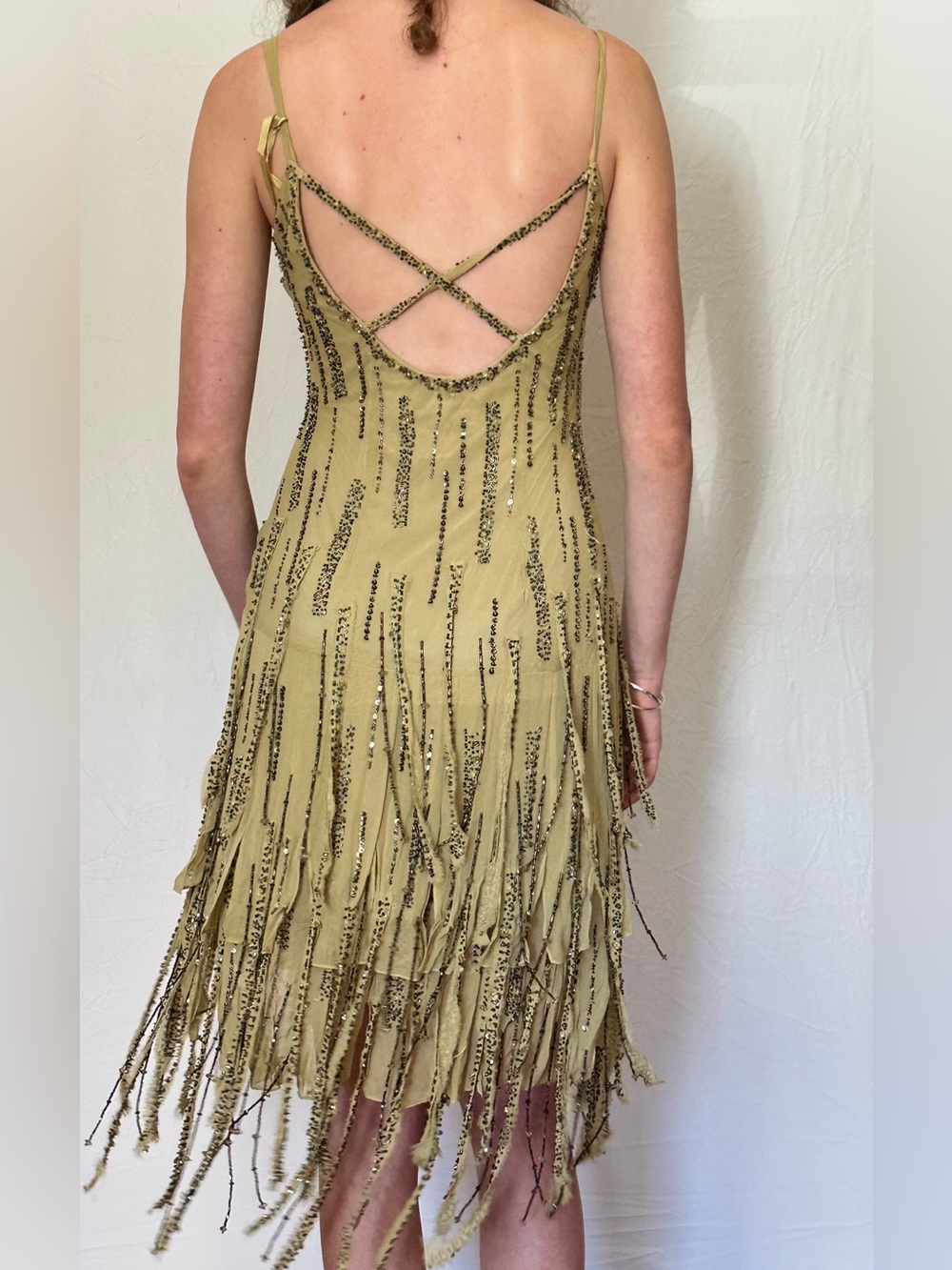 Sue Wong Olive Green Beaded Fringe High-Low Slip Dress - Picture 3 of 7